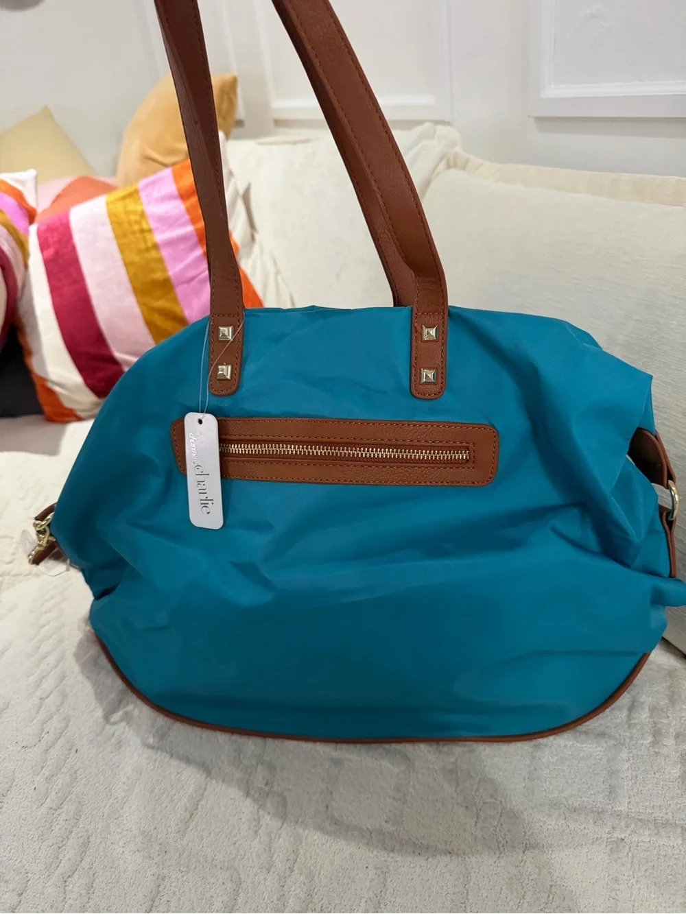 Charming Charlie Blue Nylon Tote bag  with Brown Trim - Women's Shoulder Bag
